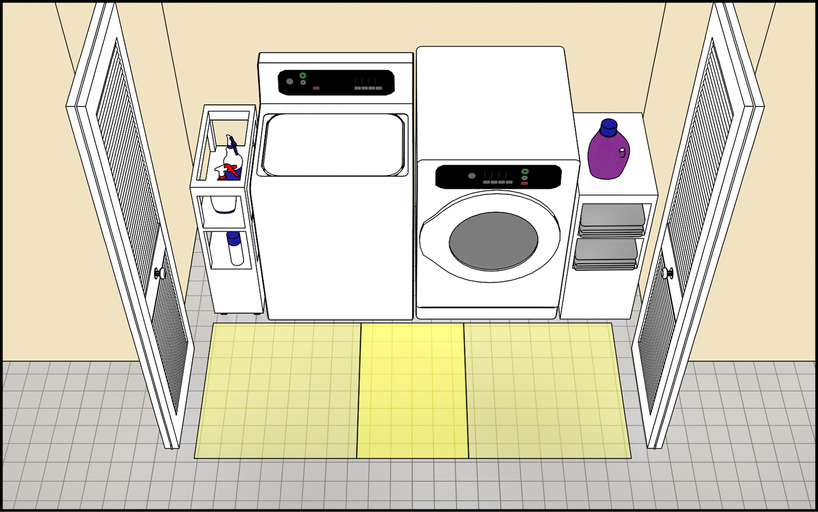 Elevated perspective view of washers and dryers in recessed area with open bifold doors. A clear floor space is centered at each appliance, and the two clear floor spaces partially overlap in the center. The opened doors are located outside of both clear floor spaces.