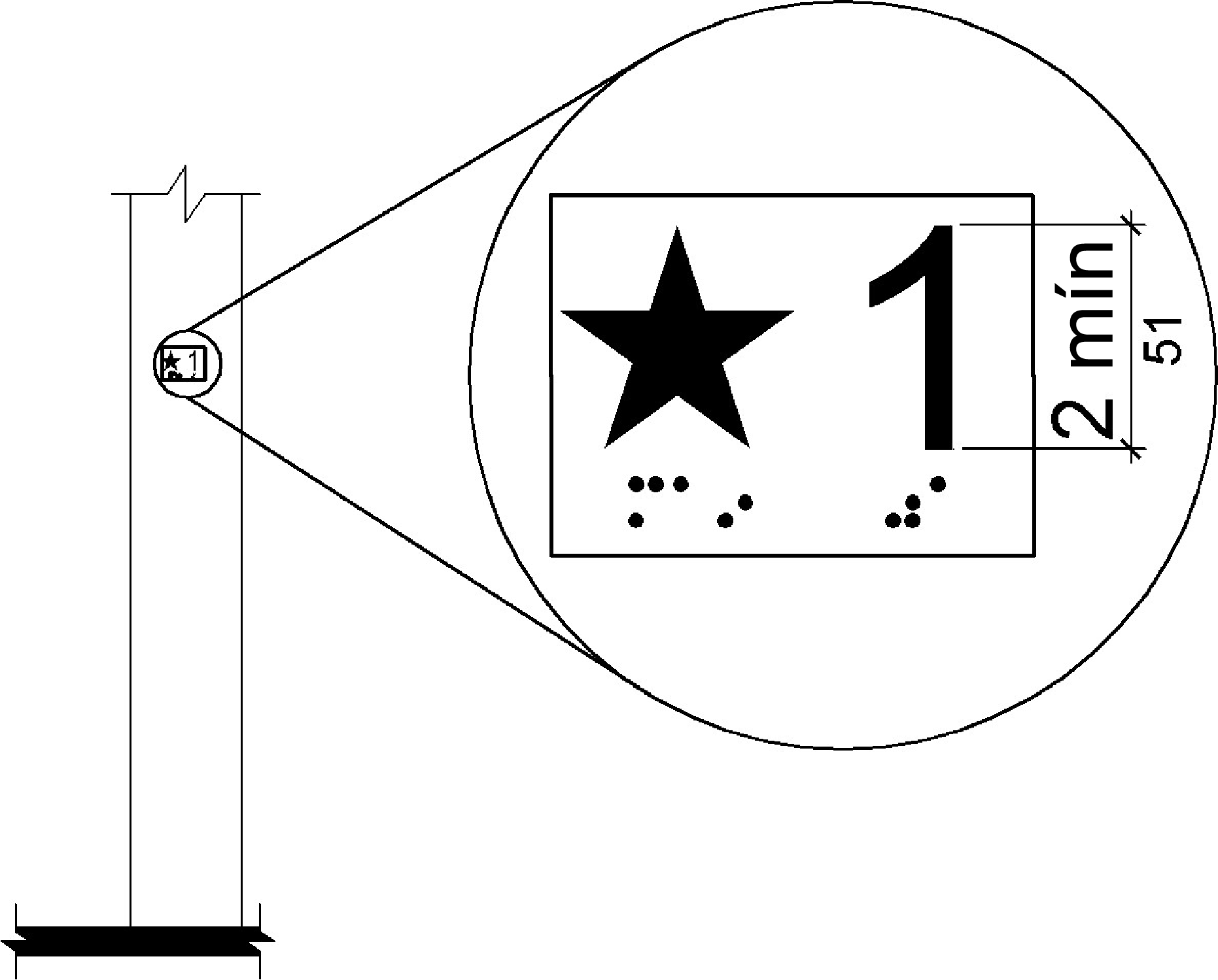 Se muestra un detalle ampliado de una designación de piso táctil. El signo contiene una estrella y el número A1" al lado, que tiene 2 pulgadas (51 mm) de alto; el equivalente en braille se proporciona debajo de cada uno