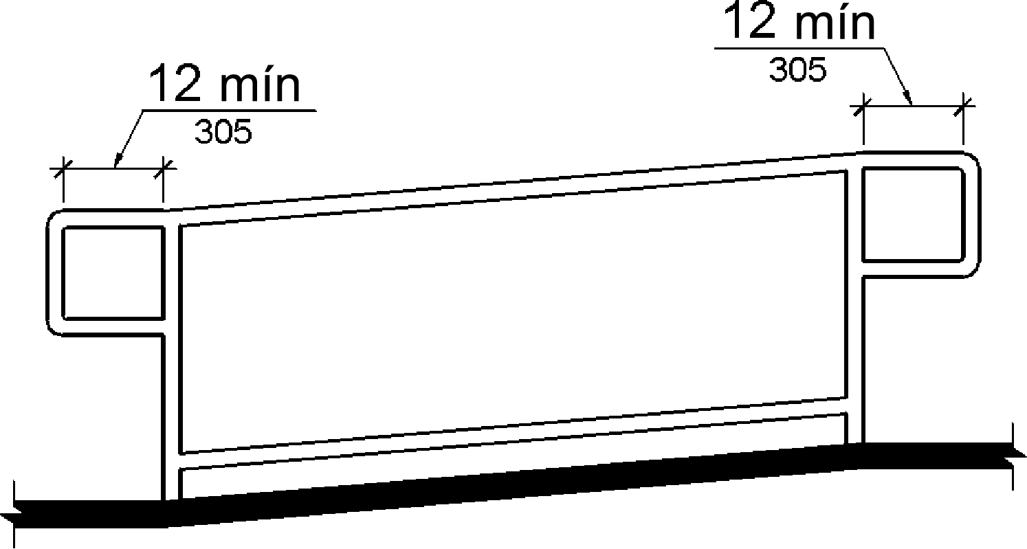 Se muestra que los pasamanos de rampa en la parte superior e inferior se extienden horizontalmente por encima del aterrizaje 12 pulgadas (305 mm) como mínimo desde la rampa. Las extensiones vuelven a los puestos