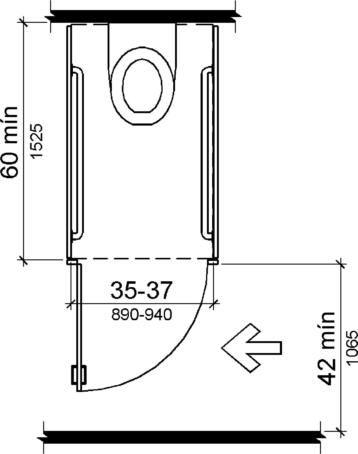 El compartimento tiene 60 pulgadas (1525 mm) de profundidad mínima y 35 a 37 pulgadas (890 a 940 mm) de ancho, con barras de agarre en ambos lados. El espacio mínimo entre el lado de la puerta del puesto y cualquier obstrucción es de 42 pulgadas (1065 mm)